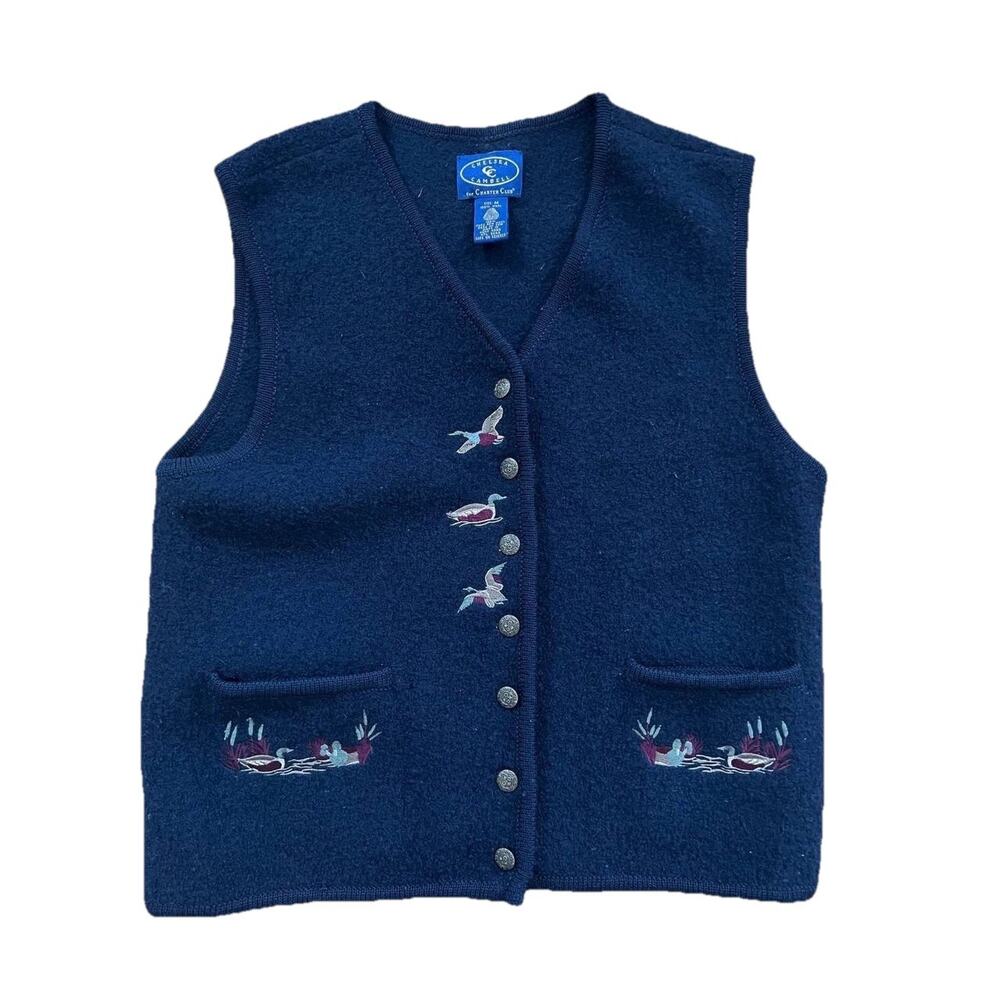 Chelsea Cambell Womens Vest Wool Bird Navy Blue Medium A001684